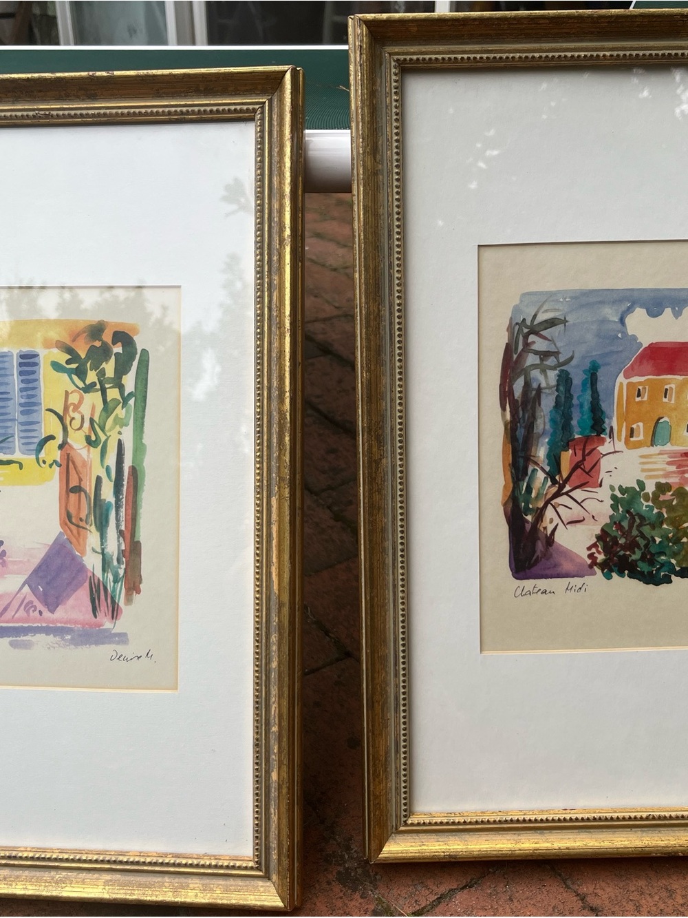 DENISE M  . French artist signed, Gold Framed watercolor - Set of Two, scenes
